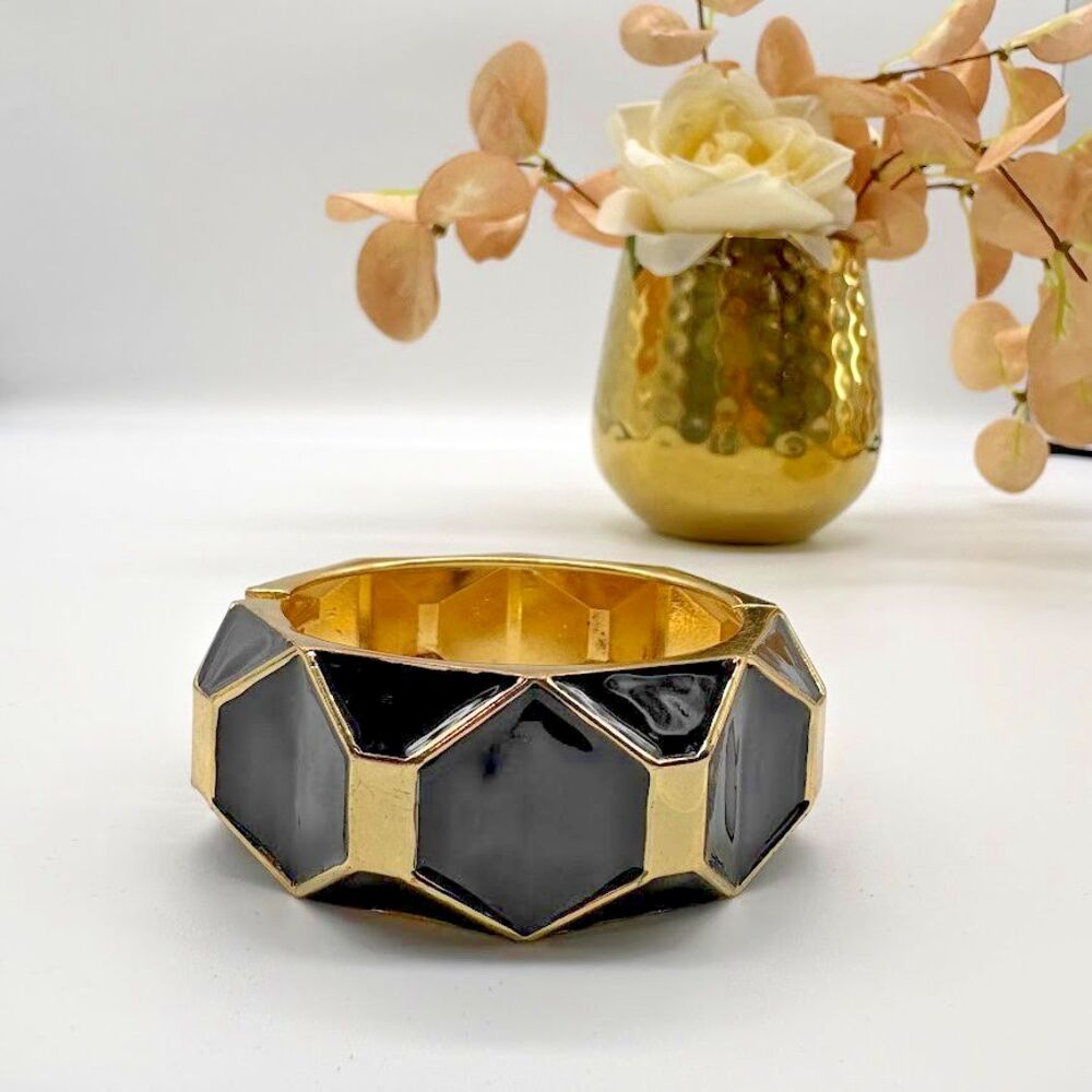 Black Gold Tone Geometric Statement Hinged Bangle BRACELET Chunky Modern 7"